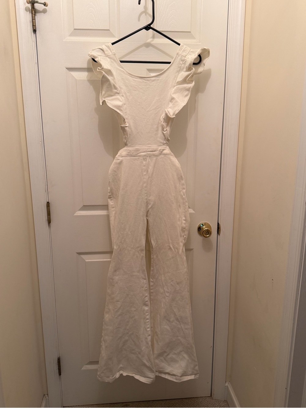 Fashion Nova Cream Ruffle-Shoulder Wide-Leg Jumpsuit